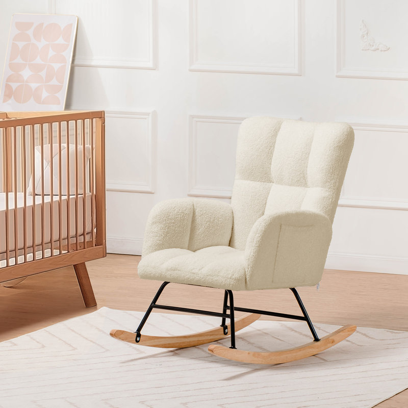 George Oliver Nursery Rocking Chair Teddy Upholstered Glider Rocking Chair with Side Pockets Macfarland Accent Chair with High Backrest Reading Chair for Adult Nursery Bedroom Living Room Offices Revi...